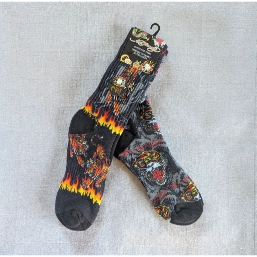 Ed Hardy TWO Pairs Tattoo Print Men's Crew Socks NEW!